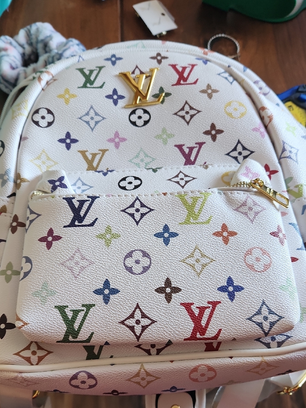 Fashion to Figure White Multicolor Monogram Mini Backpack with Gold Hardware